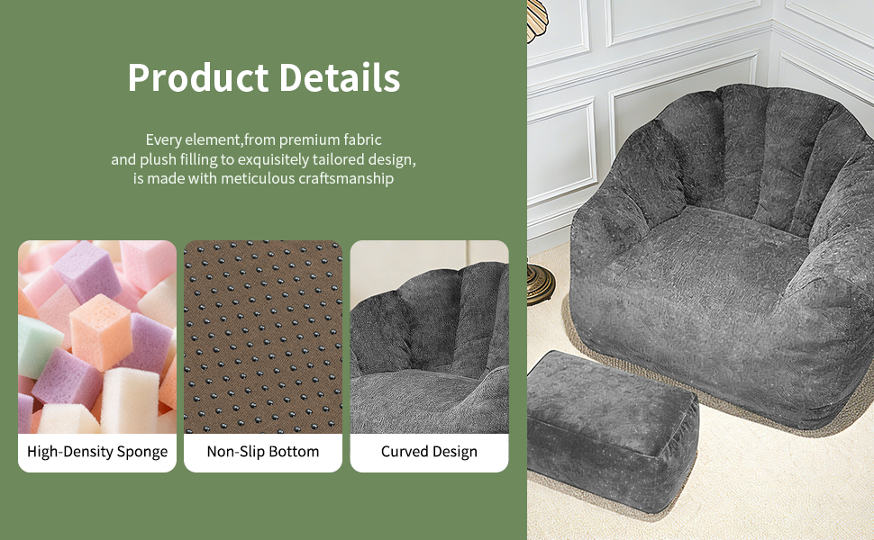 AEELLEEA Dark Grey Sparkling Plush Bean Bag Chair with Ottoman, Ergonomic Curved Sofa, High Density Sponge for Bedroom Living Room