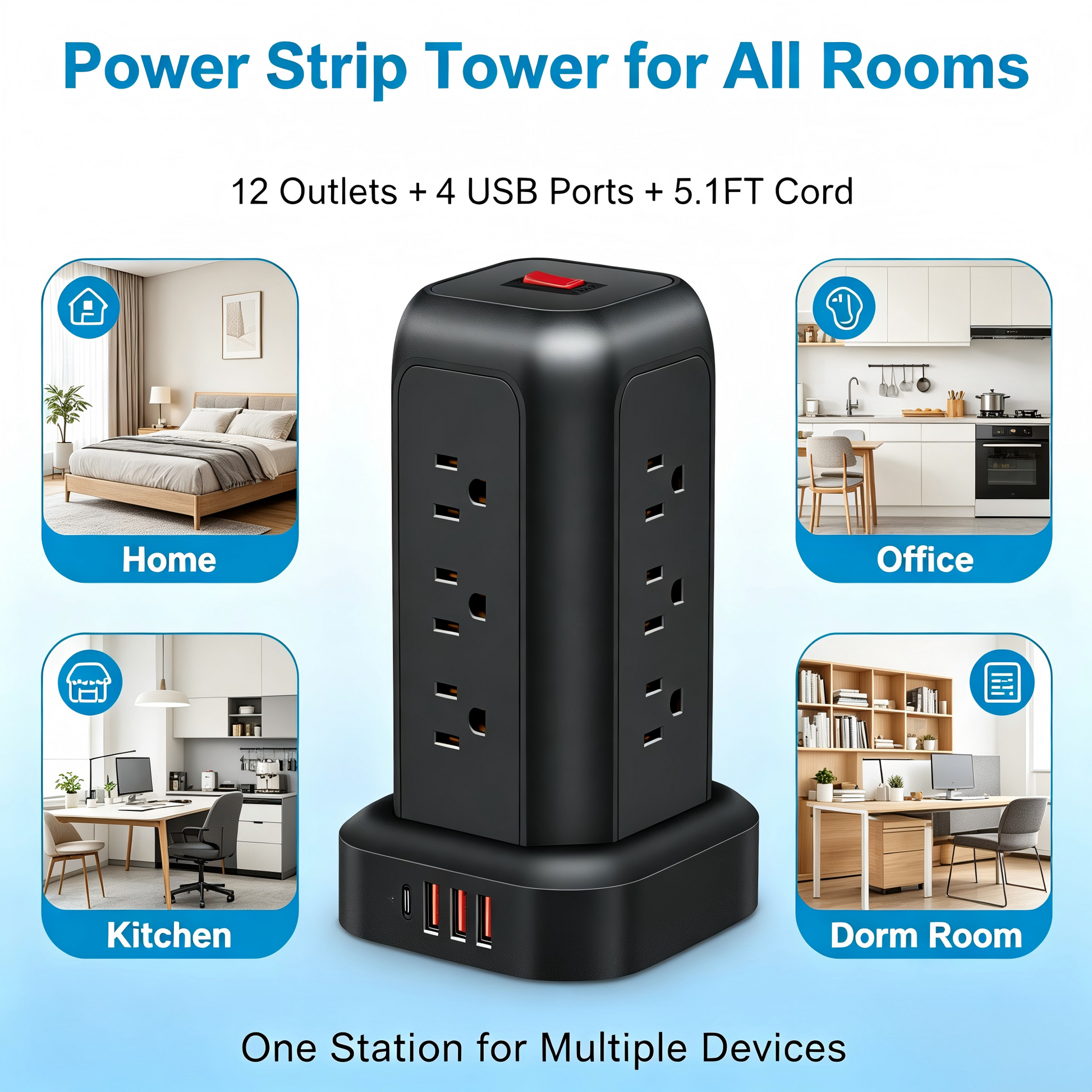 Power Strip Tower Surge Protector,16‑in‑1,12 AC Outlets,4 USB Ports(1 USB‑C),5.1FT Heavy‑Duty Cord,Overload Protection for Home Office