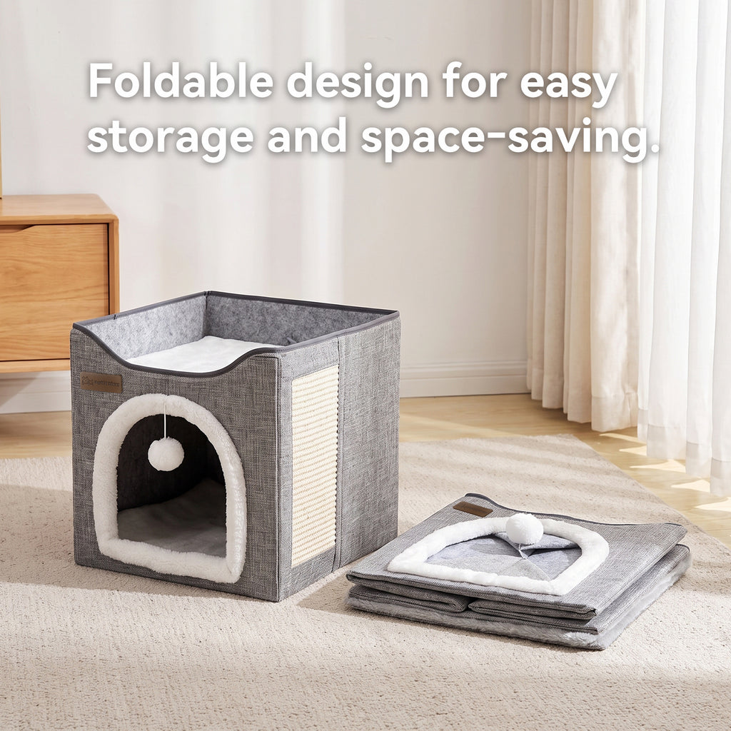 3-in-1 Foldable Cat House, Enclosed Cat Cave Bed with Scratching Pad & Hanging Pom-Pom Toy, Multi-Functional Cat Hideaway for Indoor Cats