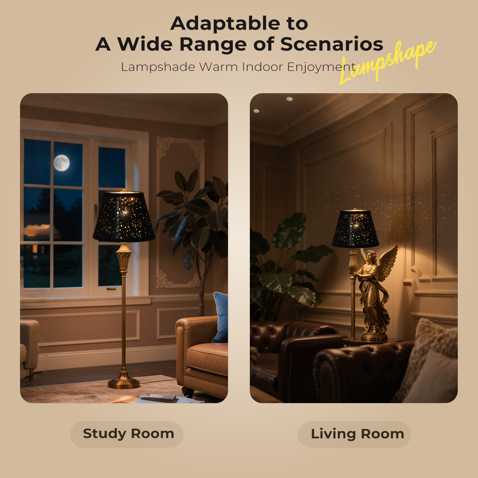 ALUCSET Set of 2 Natural Linen Bell Lamp Shades – Spider Fitter, 7" Top x 11" Bottom x 8"H, Black/Gold, Harp Holder Included