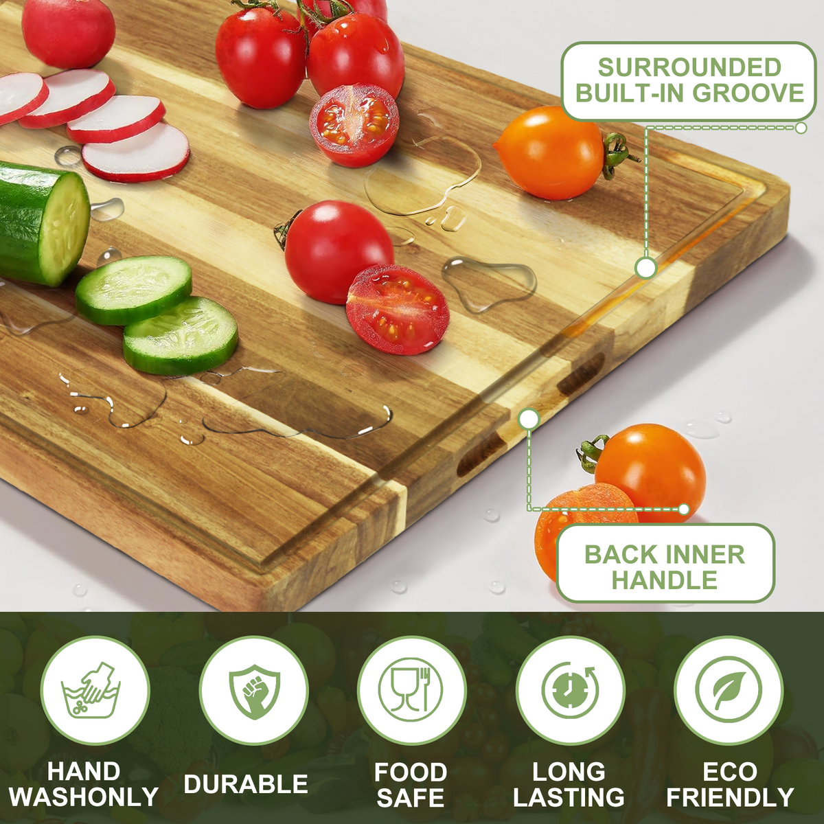Large Acacia Wood Cutting Board, Non Plastic Non Toxic Cutting Boards For Kitchen, Wood Chopping Boards, Juice Groove, Built-in Handles 19.6x14.8in