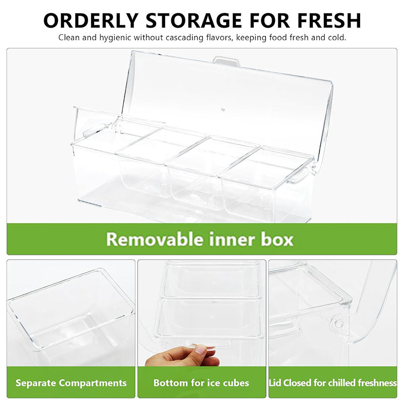 Chilled Condiment Server, condiment tray, bar garnish holder on ice, removable trays, with lid, stainless steel spoons forks clip, bar accessories, fruit salad storage