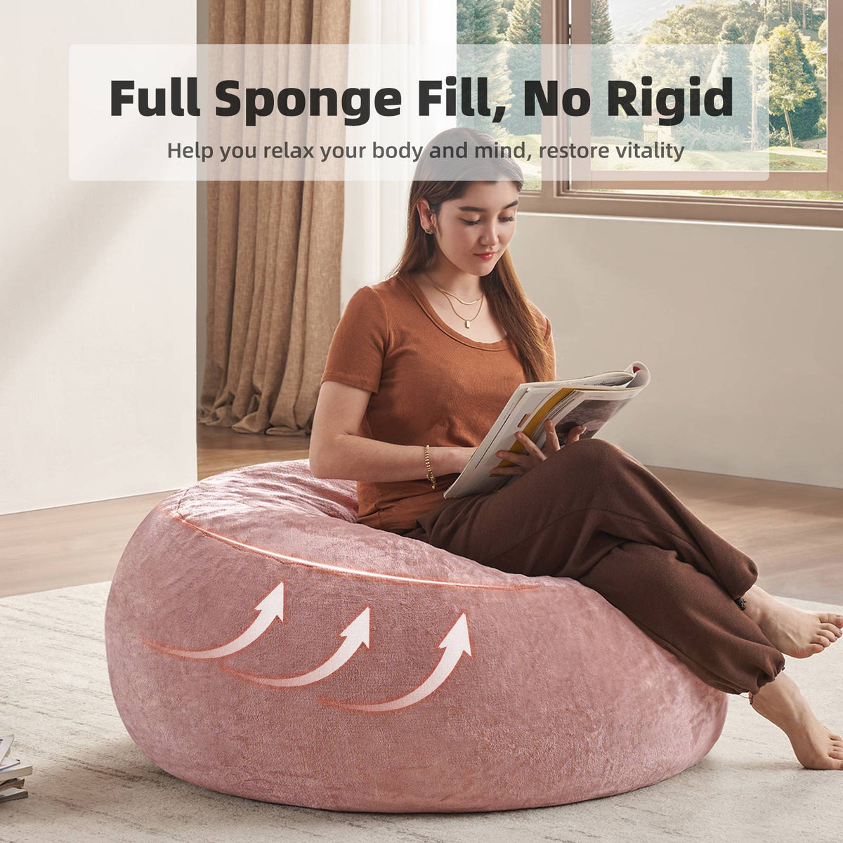 3 ft Pink Bean Bag Chair with Memory Foam Filling, Soft Teddy Velvet, Removable Washable Cover for Living Room