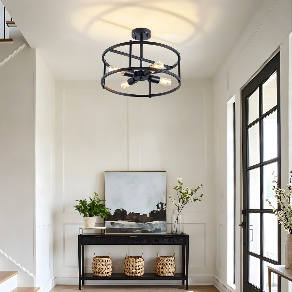 4-Light Semi Flush Mount Ceiling Light, Industrial Black Metal Circular Frame Cage Chandelier, Farmhouse Ceiling Lamp for Bedroom Living Room Hallway Entryway Home Decor