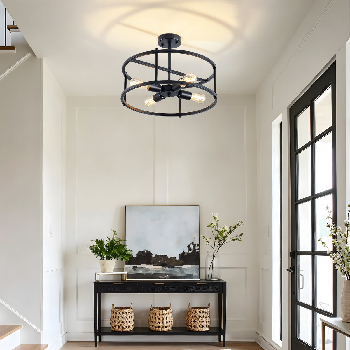 4-Light Semi Flush Mount Ceiling Light, Industrial Black Metal Circular Frame Cage Chandelier, Farmhouse Ceiling Lamp for Bedroom Living Room Hallway Entryway Home Decor