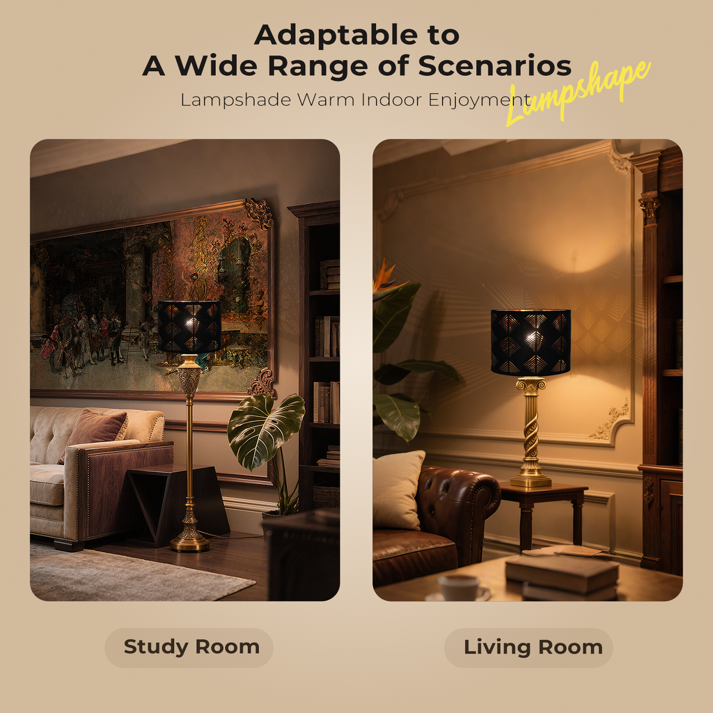 Black Cutout Lampshades Set of 2, 13"×10" Drum Shades with Gold Inner Lining, Spider Fitter for Table & Floor Lamps
