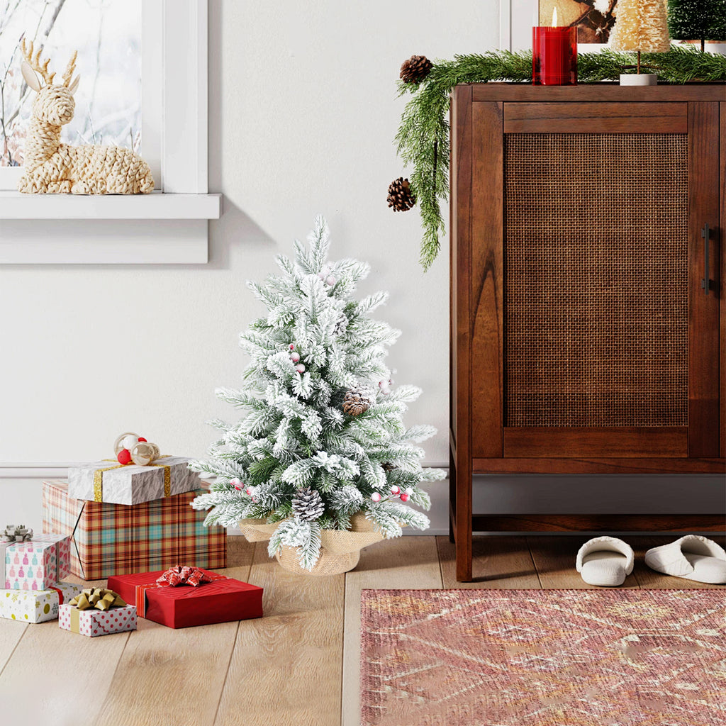 3ft PE/PVC Flocked Jute Christmas Tree - 28pcs Decorations (14 Pine Cones +14 Red Fruits) Mini Tabletop Holiday Decor