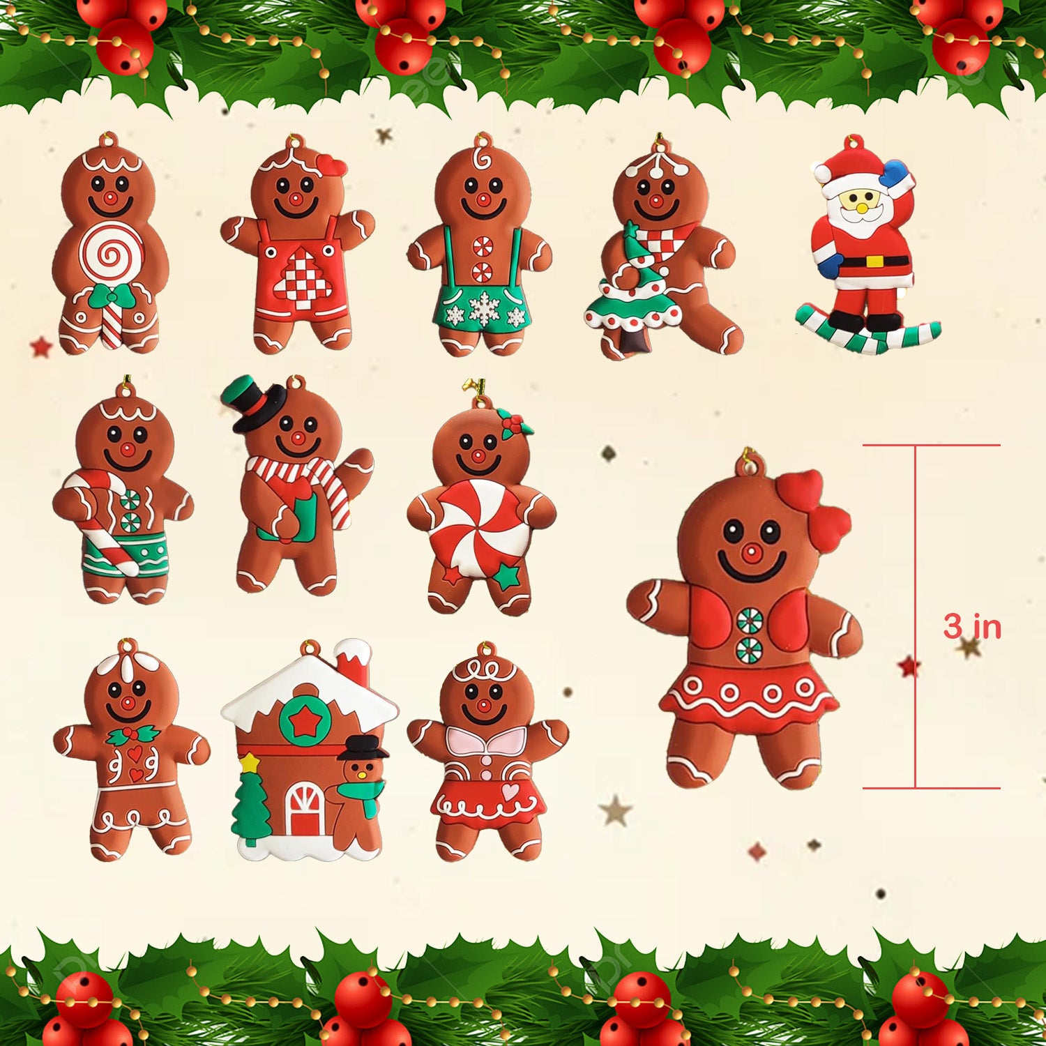 Gingerbread Man Ornament Set of 12 – Colorful, Playful Decor for Christmas Trees & Festive Displays