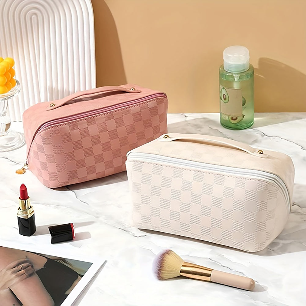 Checkered Makeup Bag, Large Capacity Cosmetic Bag with Handle, Portable Waterproof Travel Toiletry Organizer for Women