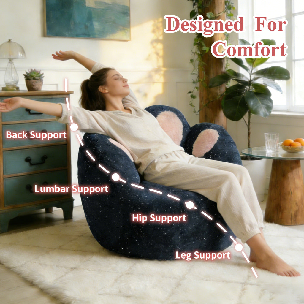 AEELLEEA Cat Paw Bean Bag Chair for Adults, Plush Foam Lounge Chair with Backrest, Non-Slip Floor Sofa for Bedroom, Navy Blue