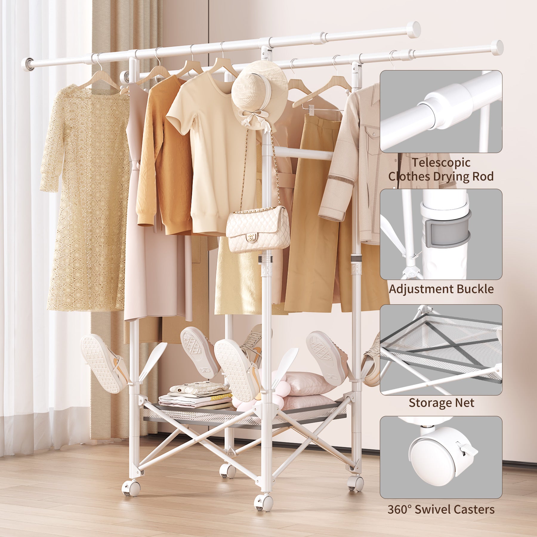 Foldable Clothes Drying Rack with Wheels, Large Capacity Expandable Laundry Rack, Portable Collapsible Dryer, No Assembly, Indoor & Outdoor Use