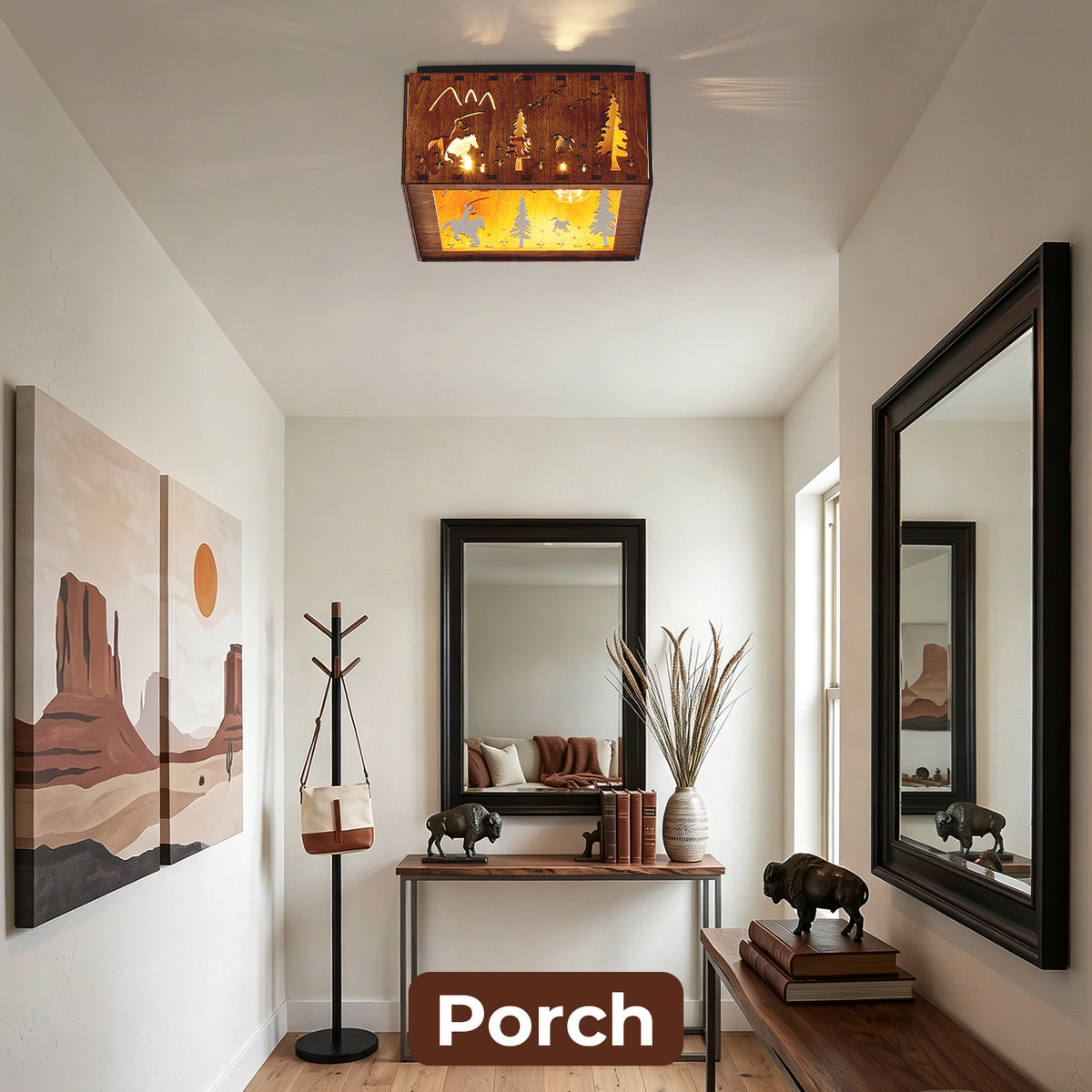 Square Walnut Flush Mount Ceiling Light, Tropical Palm Tree Cutout Wood Iron Ceiling Lamp with E26 Socket, Vintage Rustic Ceiling Light for Bedroom Hallway