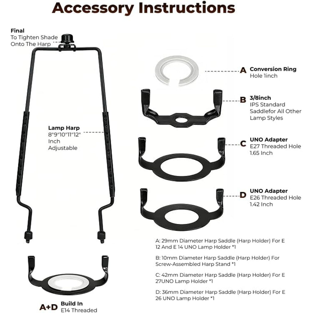 ALUCSET Adjustable Lamp Harp Holder, 8-12 Inch Lampshade Bracket Kit with UNO Fitter Adapter, Compatible with E14 E26 E27 Lamp Base and Standard Lamp Rod