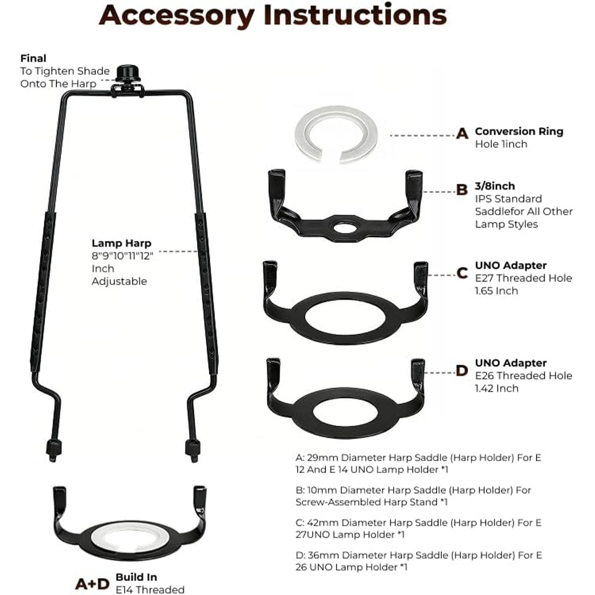 ALUCSET Adjustable Lamp Harp Holder, 8-12 Inch Lampshade Bracket Kit with UNO Fitter Adapter, Compatible with E14 E26 E27 Lamp Base and Standard Lamp Rod