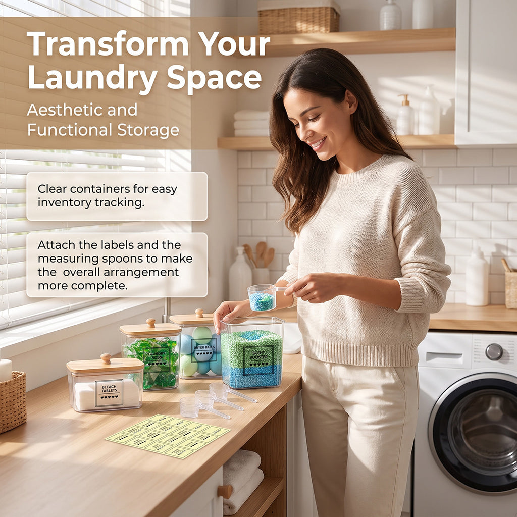 5-Piece Laundry Storage Container Set with Wooden Lids, Clear Acrylic Detergent and Laundry Pod Organizers with Labels