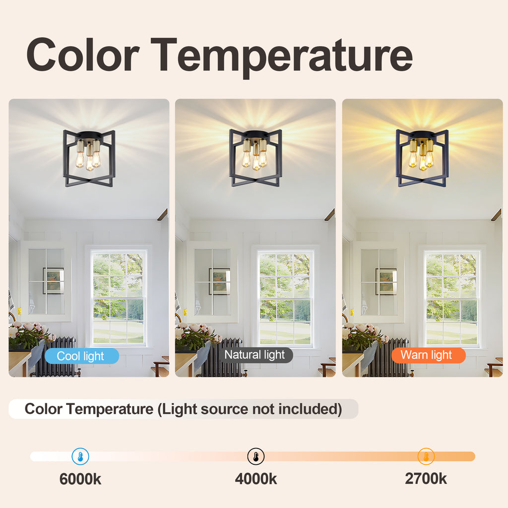 3-Light Semi Flush Mount Ceiling Light, Industrial Black Metal Geometric Square Frame with Gold Socket, Farmhouse Ceiling Lamp for Bedroom Living Room Hallway Entryway Home Decor