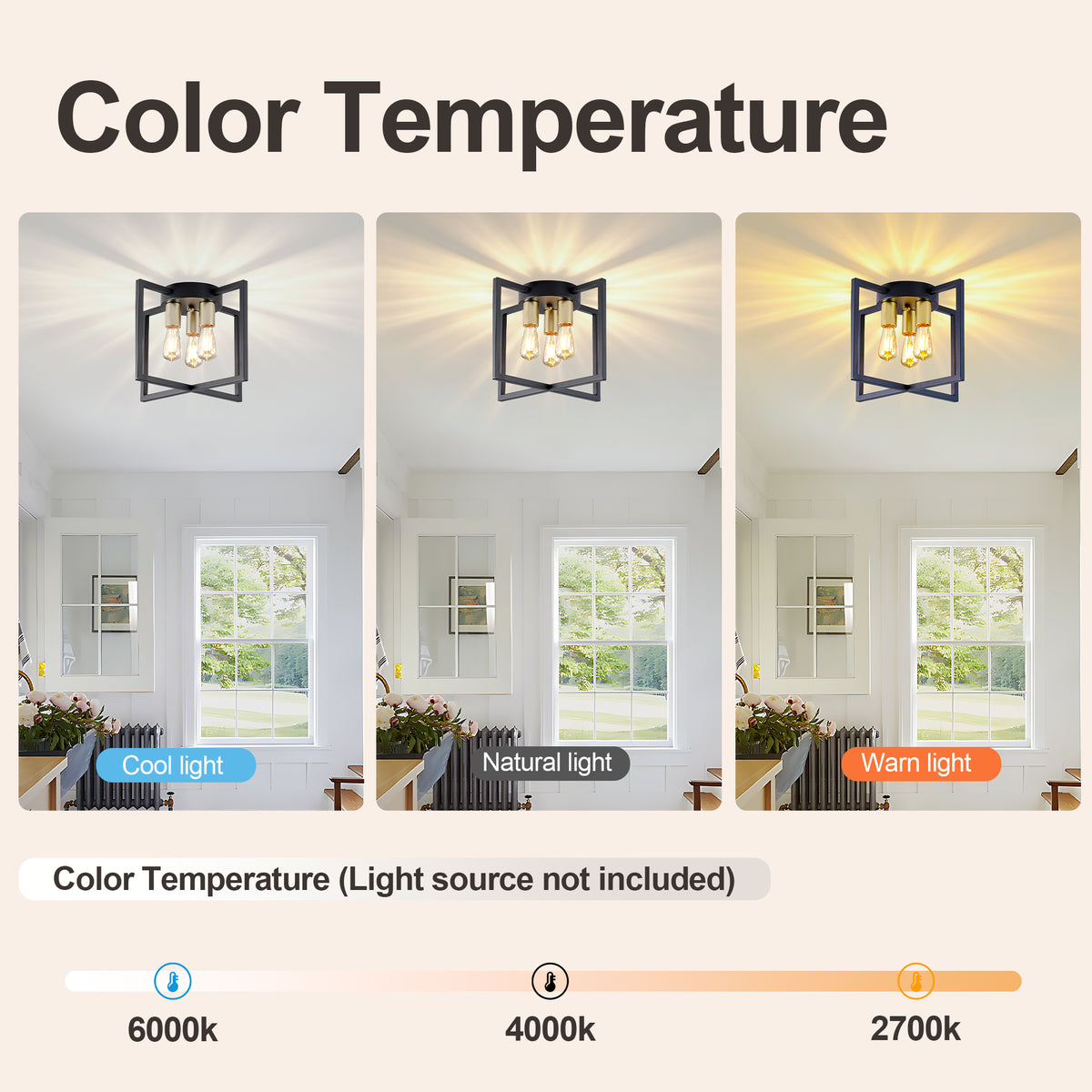 3-Light Semi Flush Mount Ceiling Light, Industrial Black Metal Geometric Square Frame with Gold Socket, Farmhouse Ceiling Lamp for Bedroom Living Room Hallway Entryway Home Decor