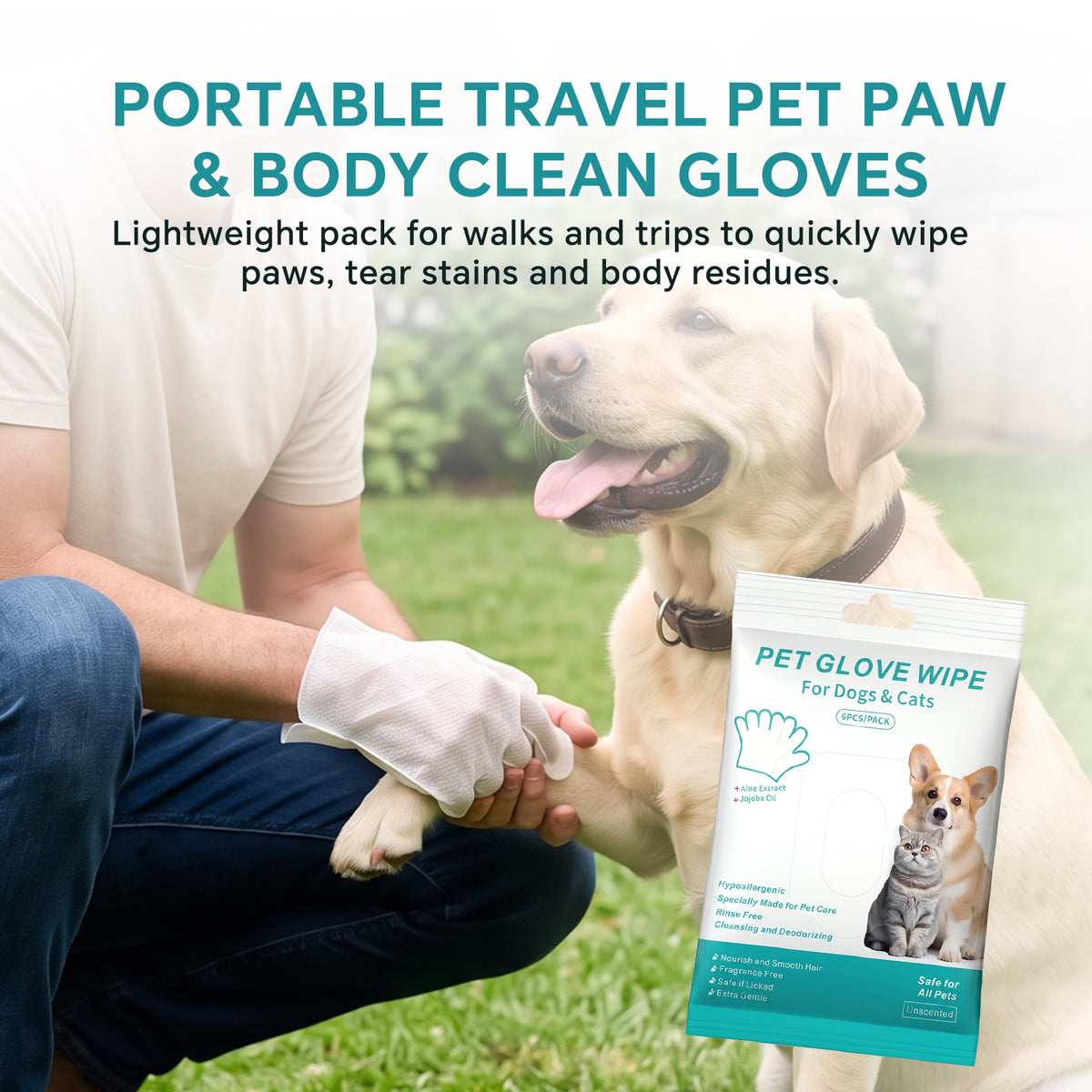 Rinse Free Dog Shampoo Mitts, Pet Glove Wipes for Dogs & Cats, Portable Pet Bathing Gloves, Rinse Free Shampoo Mittens for Paws and Body