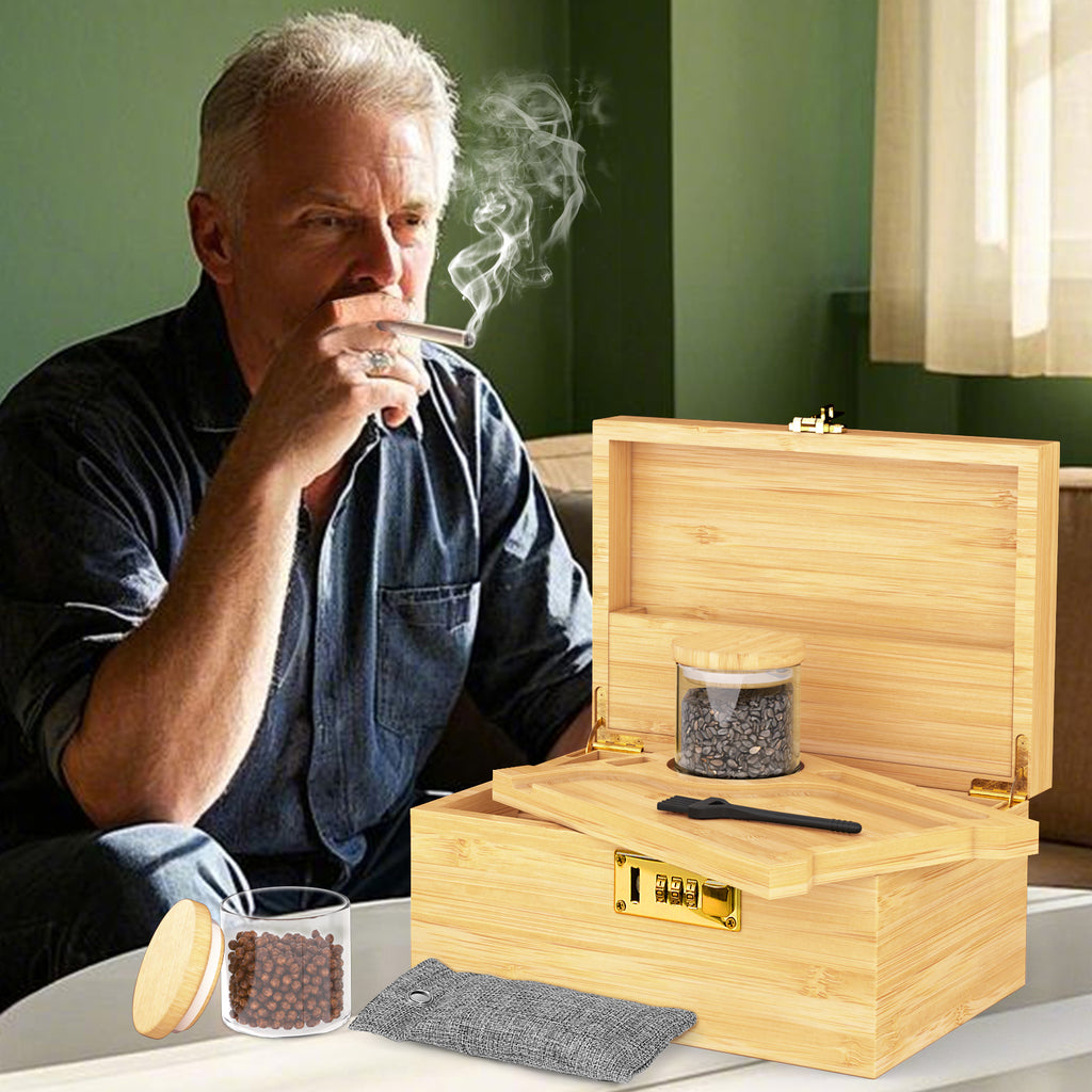 Premium Large Bamboo Box With Combination Lock Decorative Box For Home, Box Kit With Glass Jars And Organizer Tray - Storage Wood Box Accessories