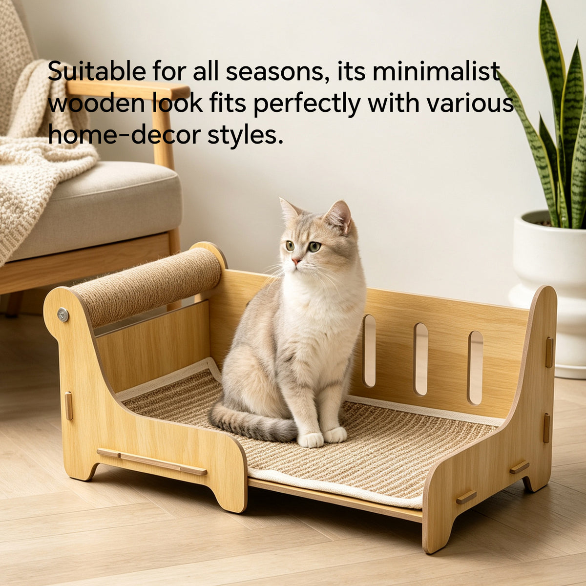 Cat Scratcher Couch Bed with Sisal Scratching Post, Wooden Cat Lounge Furniture for Indoor Cats