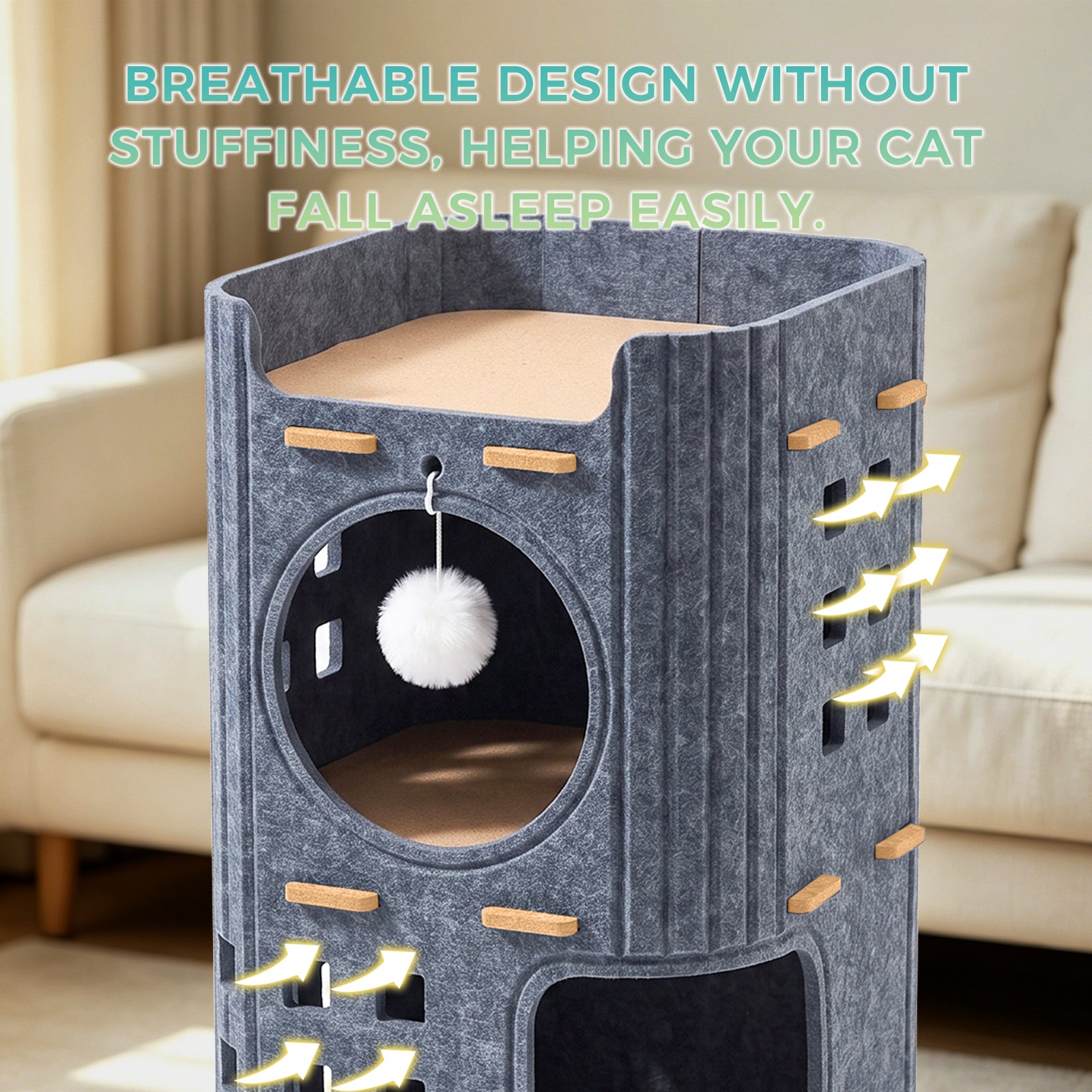 23.62 Inch 2-Storey Felt Cat Bed Cave, Large Covered Tunnel Hideaway, Scratch Resistant Cozy Indoor Condo for Multi Cats, Dark Grey