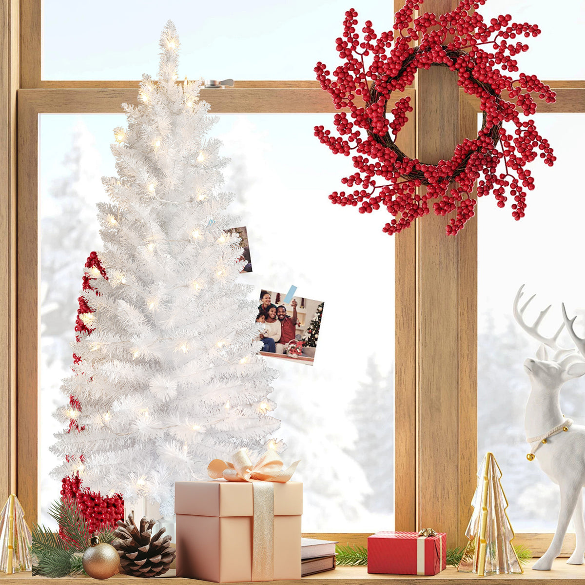 3 FT White Christmas Tree with 30 Pre-Strung UL Lights, 88 Tips Artificial Holiday Tree with Plastic Stand for Indoor Home Decor.