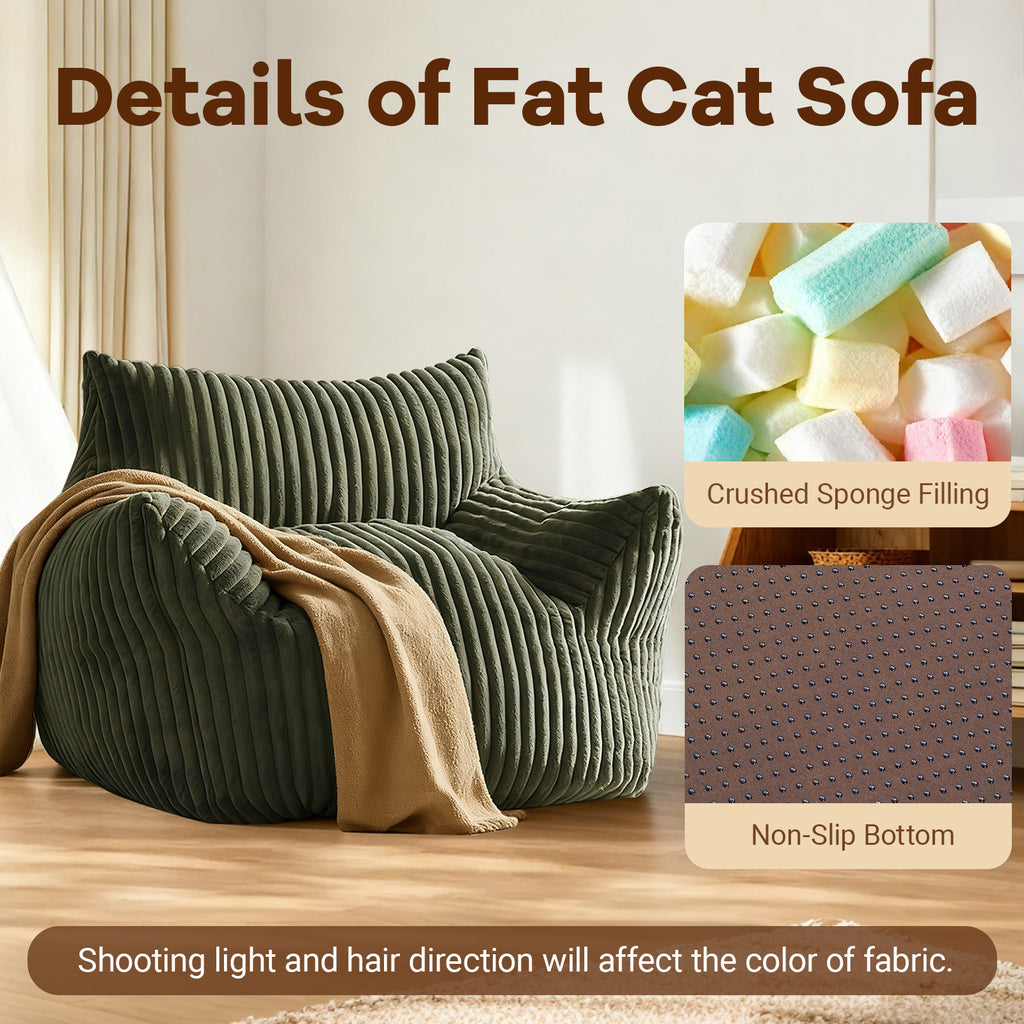 AEELLEEA Green Striped Plush Faux Fur Bean Bag Chair with Ottoman, Crushed Sponge Lazy Sofa for Living Room Bedroom Accent Decor