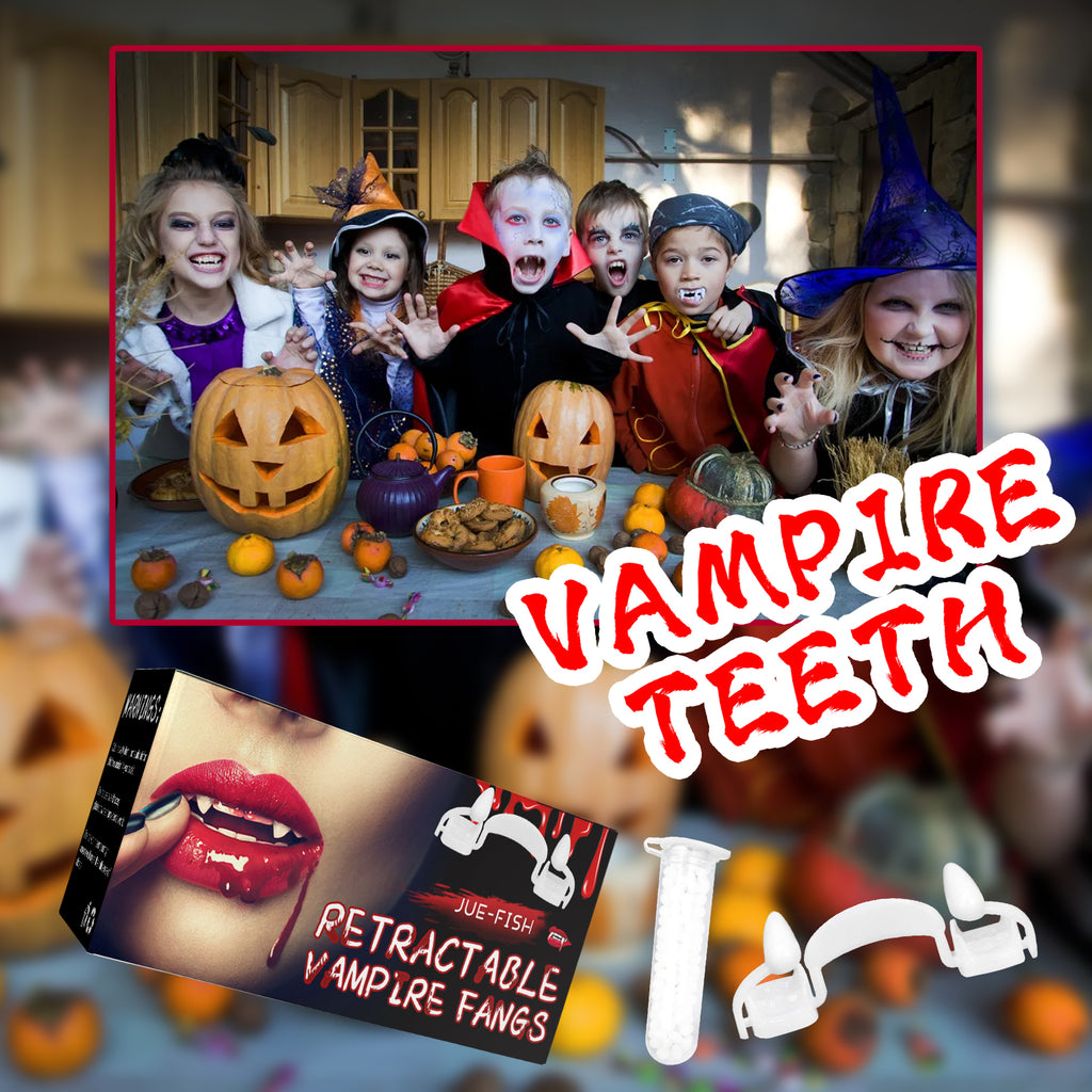 Jue Fish Retractable Vampire Fangs, Reusable Realistic Fake Teeth Cosplay Prop with Dental Glue for Halloween Party