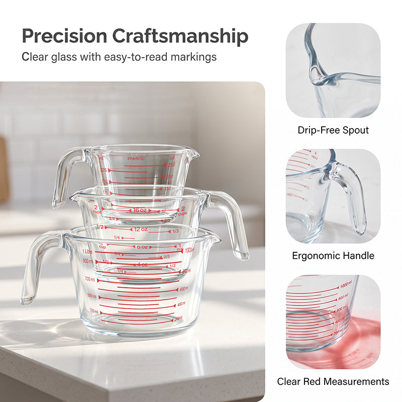 3-Piece Glass Measuring Cups Set, 8 oz 16 oz & 32 oz Liquid Measuring Cups, Clear Glass with Easy-Read Markings, Dishwasher, Oven & Microwave Safe