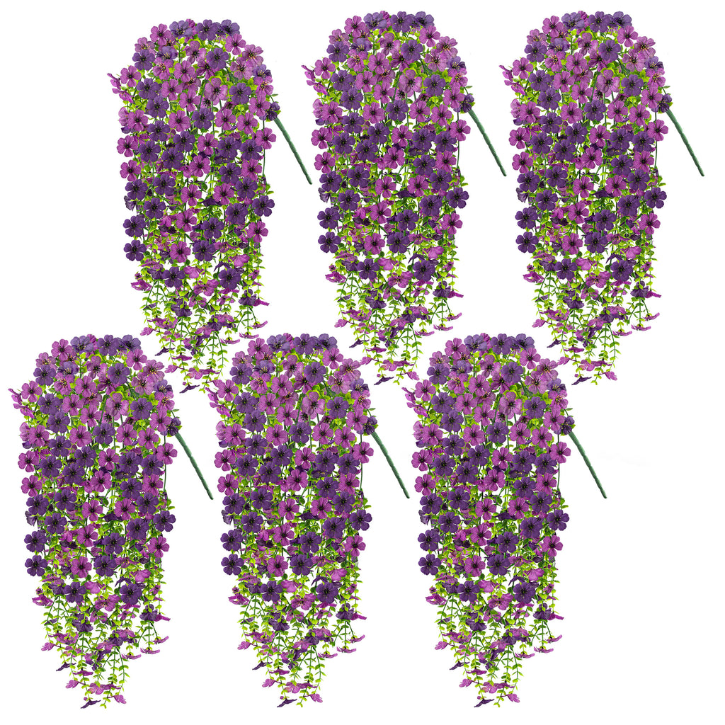 6Pcs Artificial Hanging Violet Flowers, 26.7in UV Resistant Fake Trailing Flower Vines for Porch Patio Outdoor Fall Decor