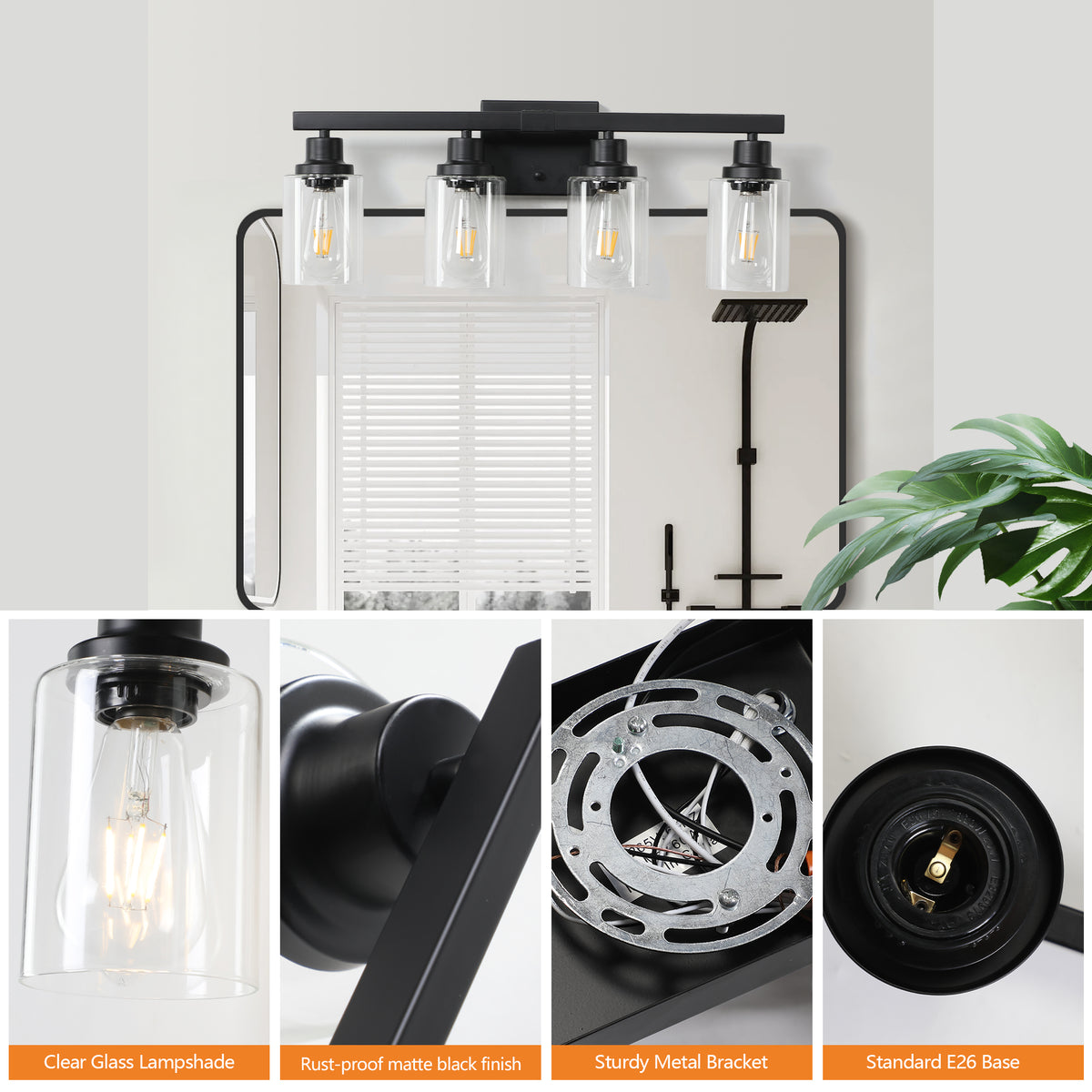 4-Light Vanity Makeup Mirror Lamp, Black Iron Base & Lamp Cup Connector, Clear Glass Lampshade, Wall Mounted Makeup Light for Dressing Table, Bedroom & Bathroom Home Decor
