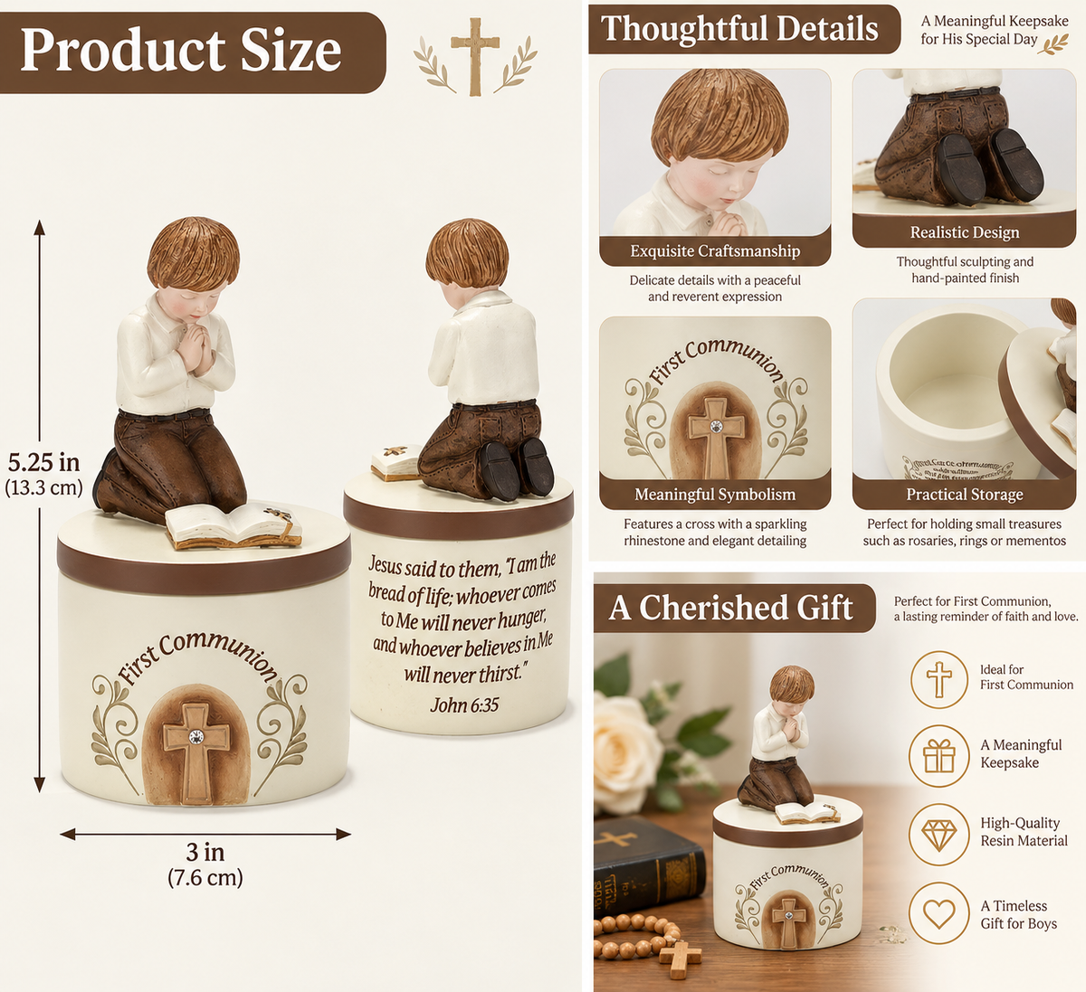 First Communion Keepsake Box with Praying Boy Figurine, Resin Religious Jewelry Storage Box, 5.25 in