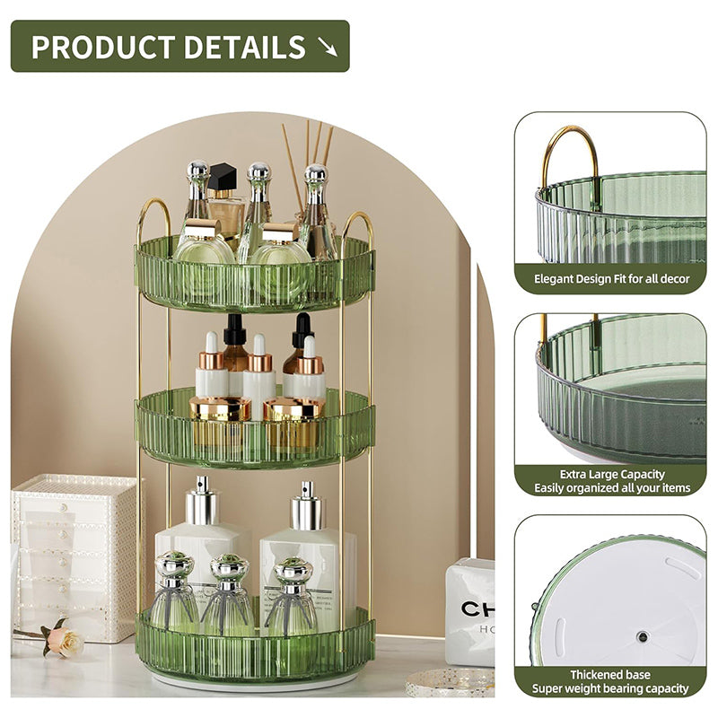 360° Rotating Perfume Organizer, 3-Tier Makeup Organizer and Storage, Large Capacity Cosmetic Holder, Bathroom Counter and Vanity Organizer, Green