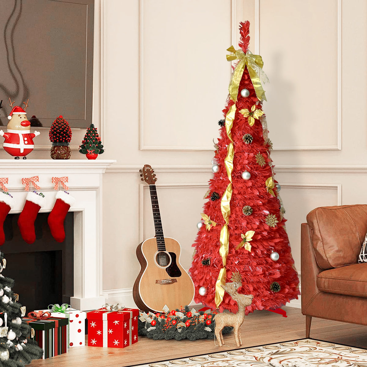 6FT Red Pop-Up Christmas Tree with 150 Warm White LED Lights, 4 Ribbons, Bows, Flowers, Snowflakes, Pine Cones & Balls, Holiday Decor