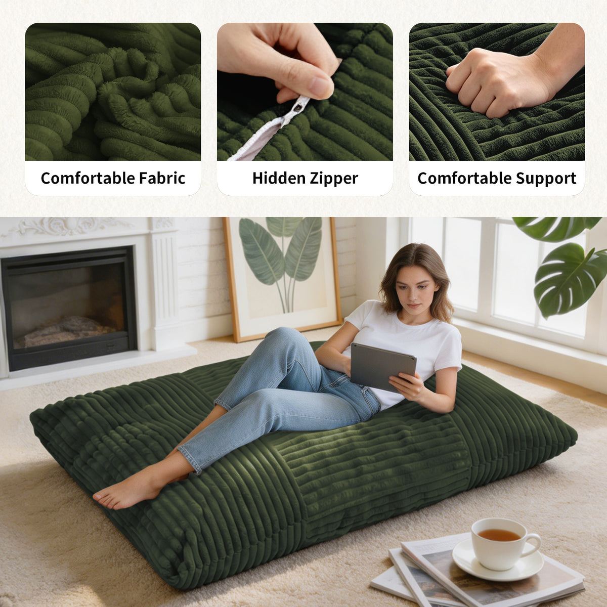 AEELLEEA Green Convertible Corduroy Bean Bag Chair, 3-in-1 Floor Sofa Bed with High Density Sponge for Home Decor