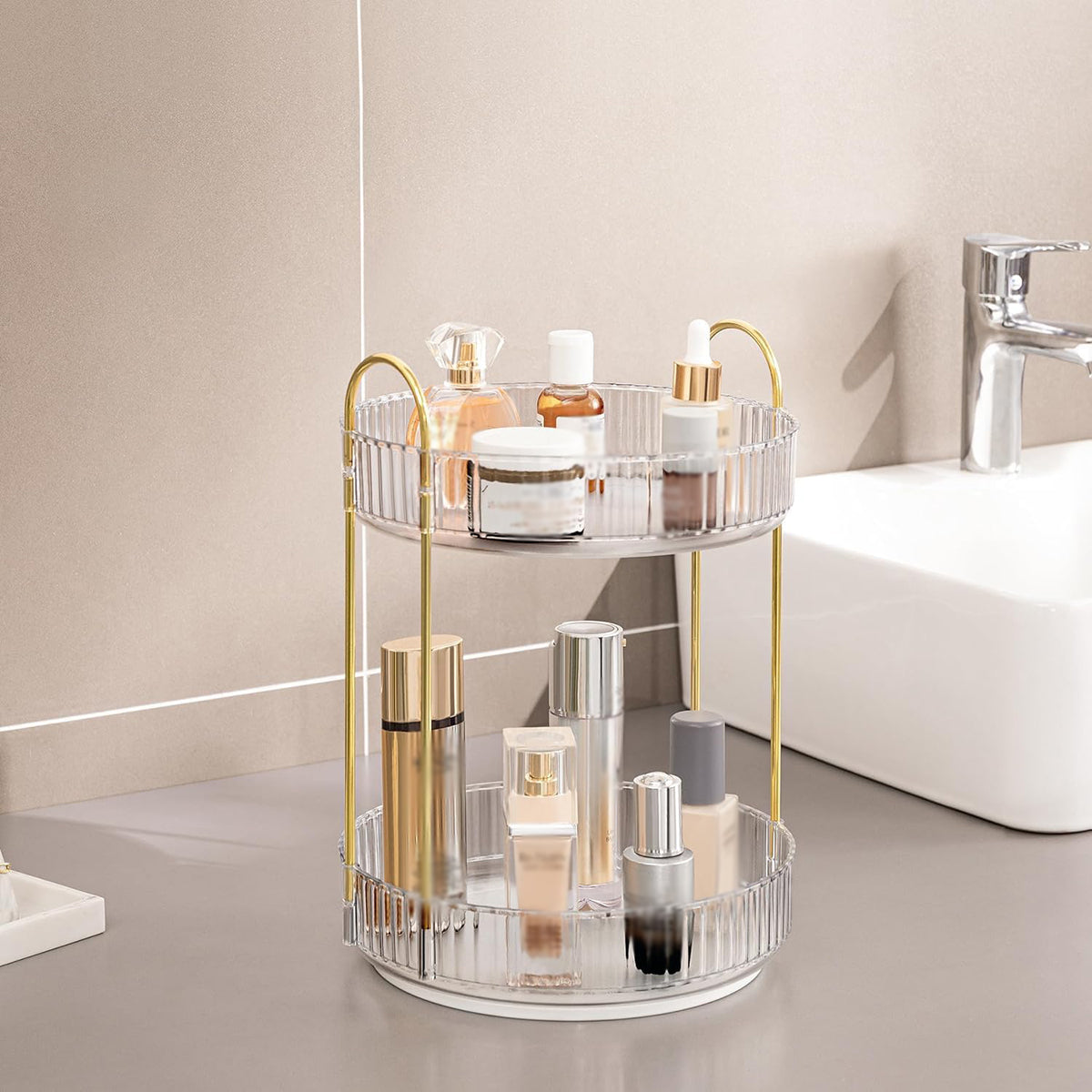 360 Rotating Lazy Susan Makeup Organizer, 2 Tiers Clear White High Capacity Cosmetic Storage for Vanity, Bathroom Countertop, Dresser, Skincare & Perfume Holder