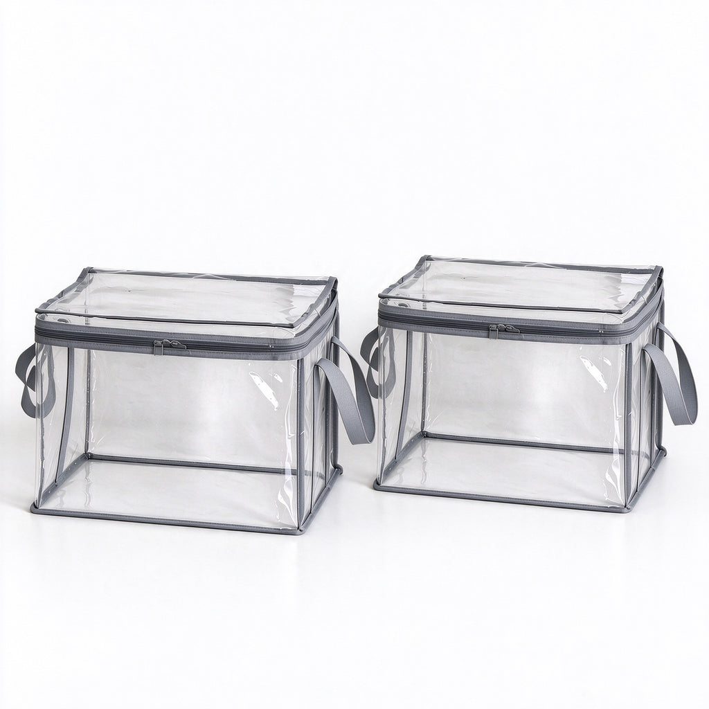 2 Pack Stackable Foldable Transparent Storage Box with Zipper Lid & Handles, Home Office Closet Organizer for Clothes Books File