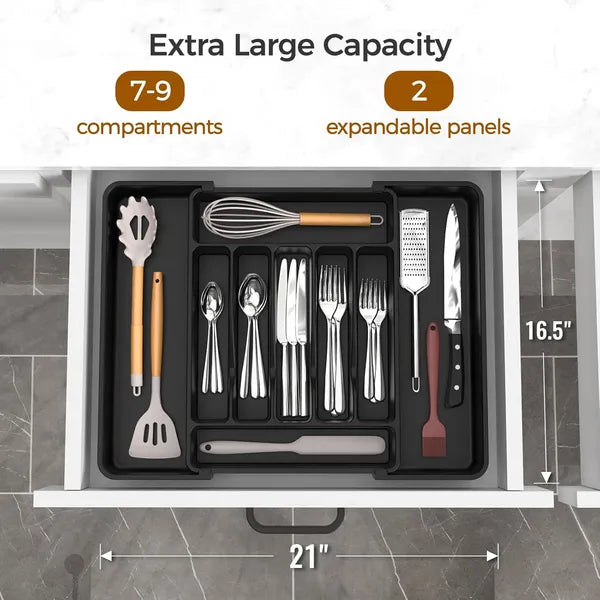 AEELLEEA Expandable Silverware Organizer Tray, Black Adjustable Kitchen Drawer Utensil Holder for Flatware