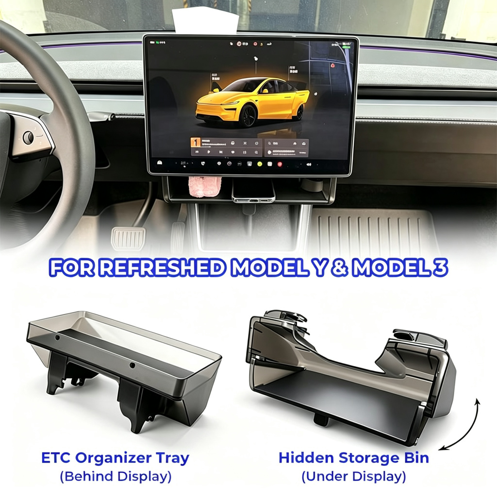 Tesla Model Y Juniper & Model Y L Under Screen Storage Organizer (2025-2026), Hideable Center Console Organizer Tray for Model 3 Highland 2024-2026, Black Car Interior Accessories, Abs Plastic, Juniper/Highland