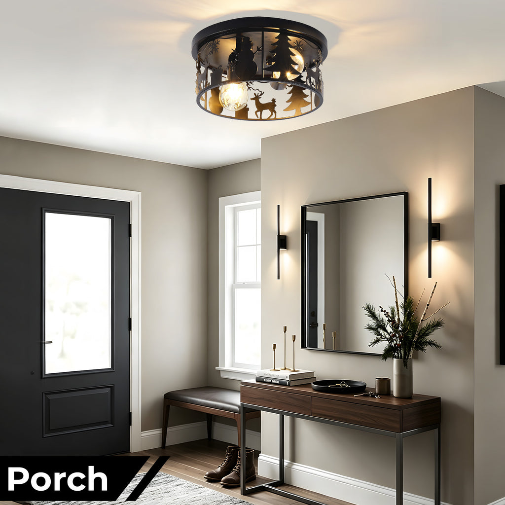 Round Matte Black Flush Mount Ceiling Light, Christmas Snowman Deer Tree Cutout Iron Ceiling Lamp, Vintage E26 Ceiling Light for Bedroom Hallway