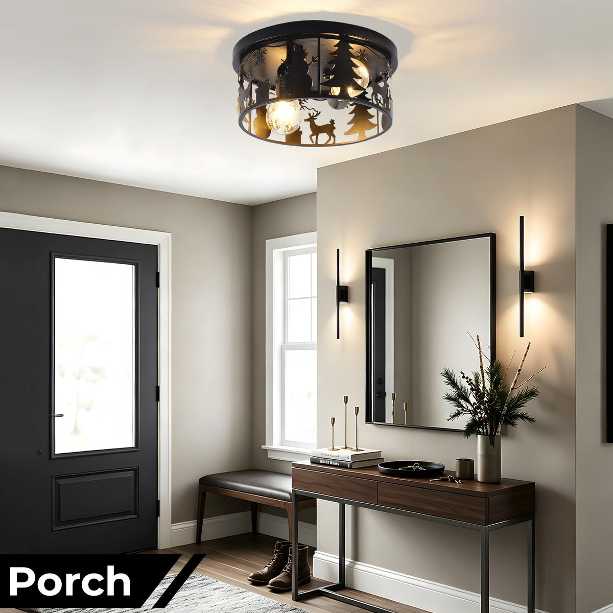 Round Matte Black Flush Mount Ceiling Light, Christmas Snowman Deer Tree Cutout Iron Ceiling Lamp, Vintage E26 Ceiling Light for Bedroom Hallway