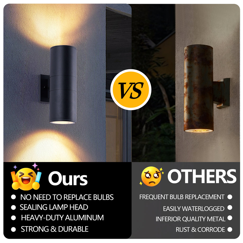 2 Pack Black Cylinder Up Down Wall Sconce Light, Aluminum Hardwired Outdoor Wall Lamp, Modern Vertical Wall Mount Light Fixture