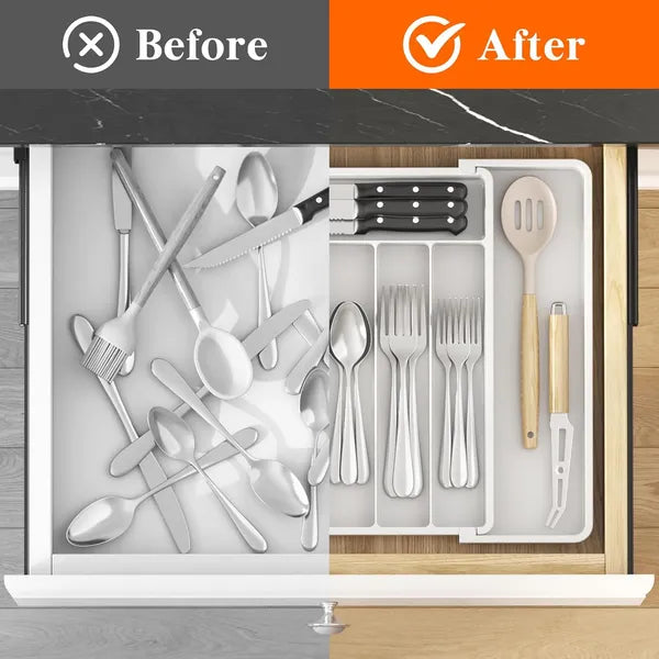 AEELLEEA Expandable Silverware Drawer Organizer Tray, White Adjustable Kitchen Utensil Holder for Flatware
