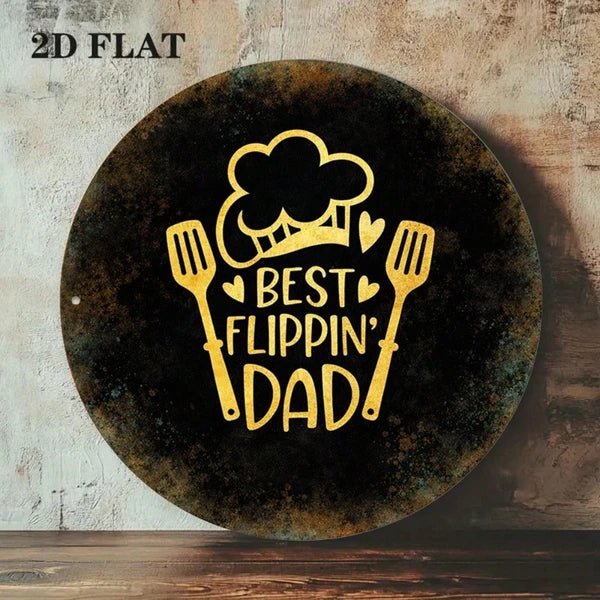AEELLEEA-8 Inch Round Retro Metal Tin Sign, Best Flippin Dad Kitchen BBQ Wall Plaque, Father's Day Gift for Dad