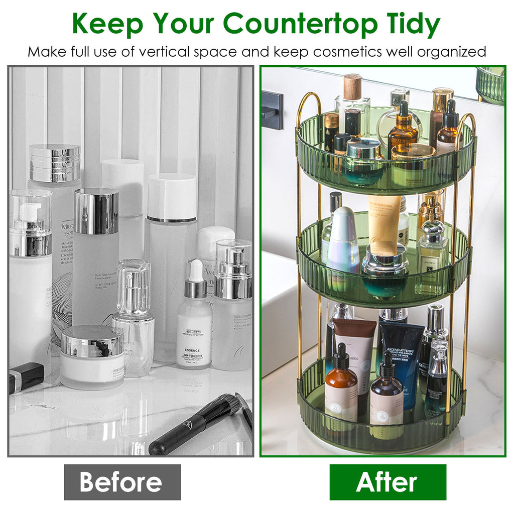 Aeelleea 3-Tier Rotating Makeup Organizer, Round Green Cosmetic Storage Tray, 360° Spinning Skincare Holder for Bathroom Vanity