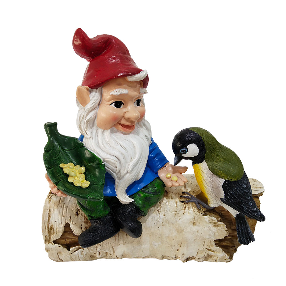 Garden Gnome Statue Feeding Bird on Birch Log, Resin Outdoor Dwarf Figurine Bird Feeder, Weatherproof Decor for Yard, Lawn, Patio, Cute Ornament Gift for Garden Lovers