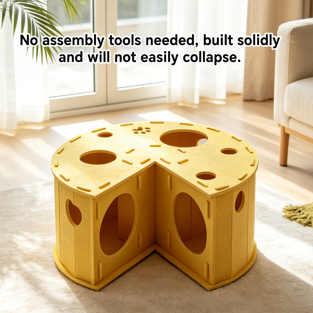 Felt Cat Tunnel Bed with Scratcher and Interactive Hanging Toy Ball, Cheese-Shaped Cat Tunnel House for Play, Rest & Hideaway