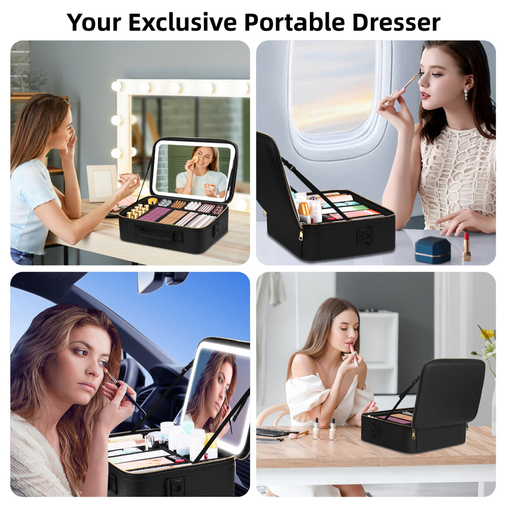 15" Lighted Makeup Organizer 3Color Mirror Adjustable Dividers Travel Ready