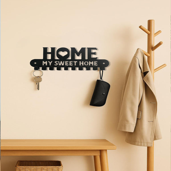 AEELLEEA-Home Sweet Home Wall Mount Key Hook Rack, Iron Decorative Sign with Multiple Hooks, Entryway Organizer Hanger