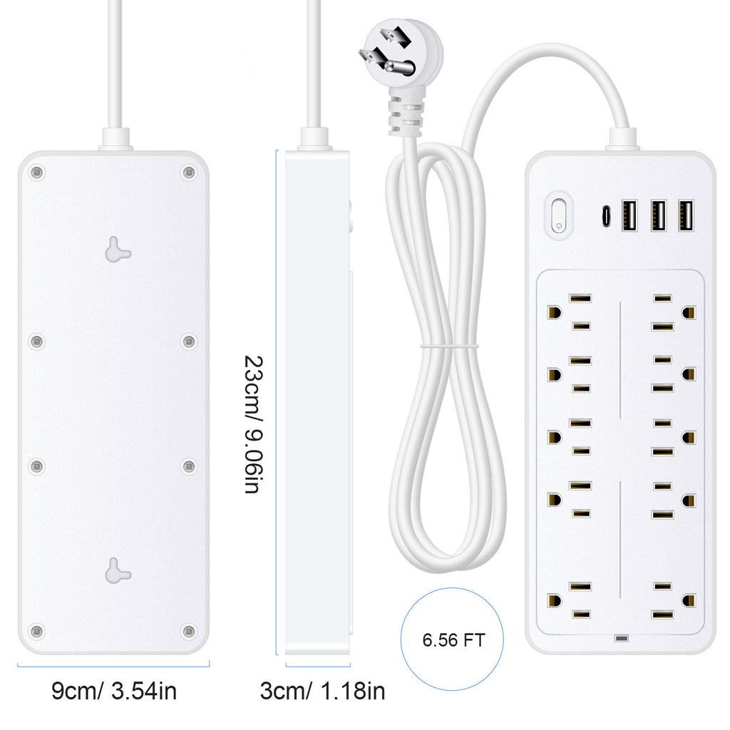 6 FT Surge Protector Power Strip, 10 Outlets 4 USB Ports(1 USB‑C), 14‑in‑1 Long Extension Cord, Flat Plug, 1700J, 1625W/13A, White